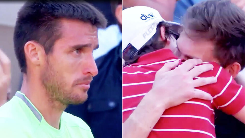 Nicolas Mahut's embrace with his son brought tears to his rival's eyes. Pic: Eurosport