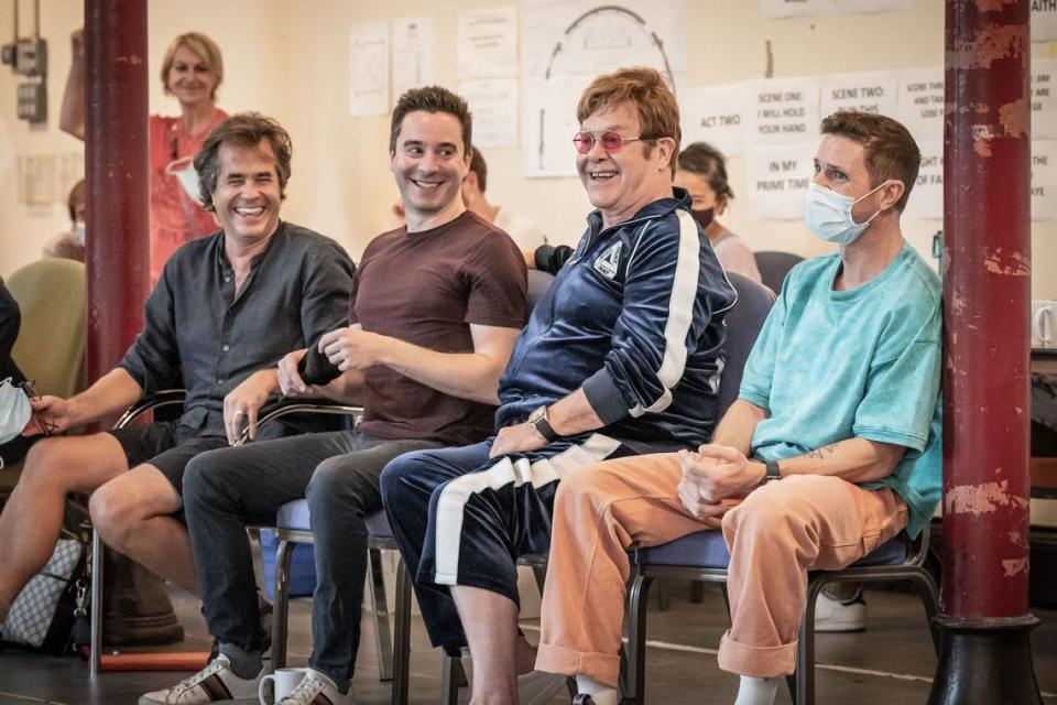 From left, at a “Tammy Faye” rehearsal in London, the musical’s creative team: director Rupert Goold, book writer James Graham, music composer Elton John and lyricist Jack Shears.