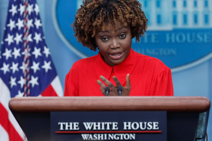 White House press secretary Karine Jean-Pierre speaks at a press briefing.