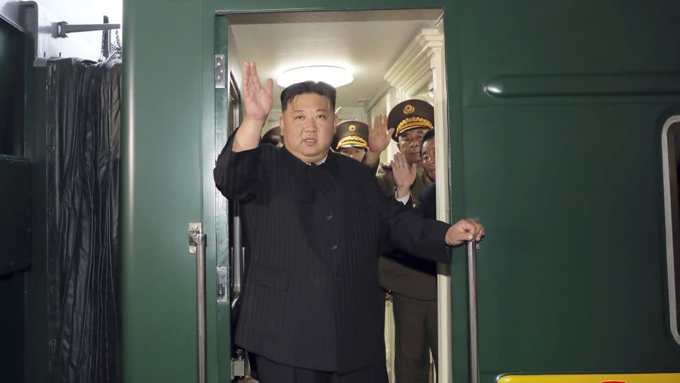 North Korea leader Kim Jong Un waves from his armoured train in Pyongyang as he leaves for Russia on September 10. - KCNA/AP