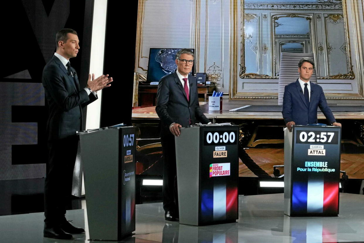 Jordan Bardella, Olivier Faure et Gabriel Attal ont croisé le fer sur France 2 le 27 juin 2024.  - Credit:DIMITAR DILKOFF/SIPA 