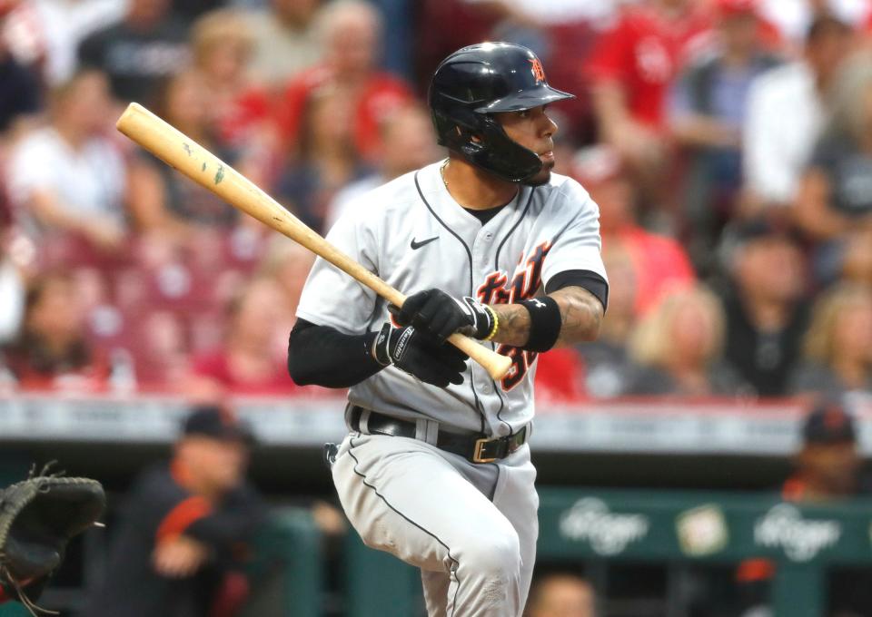 Detroit Tigers shortstop Harold Castro (30) hits a two-run double against the Cincinnati Reds during the second inning at Great American Ball Park on Sept. 3, 2021.