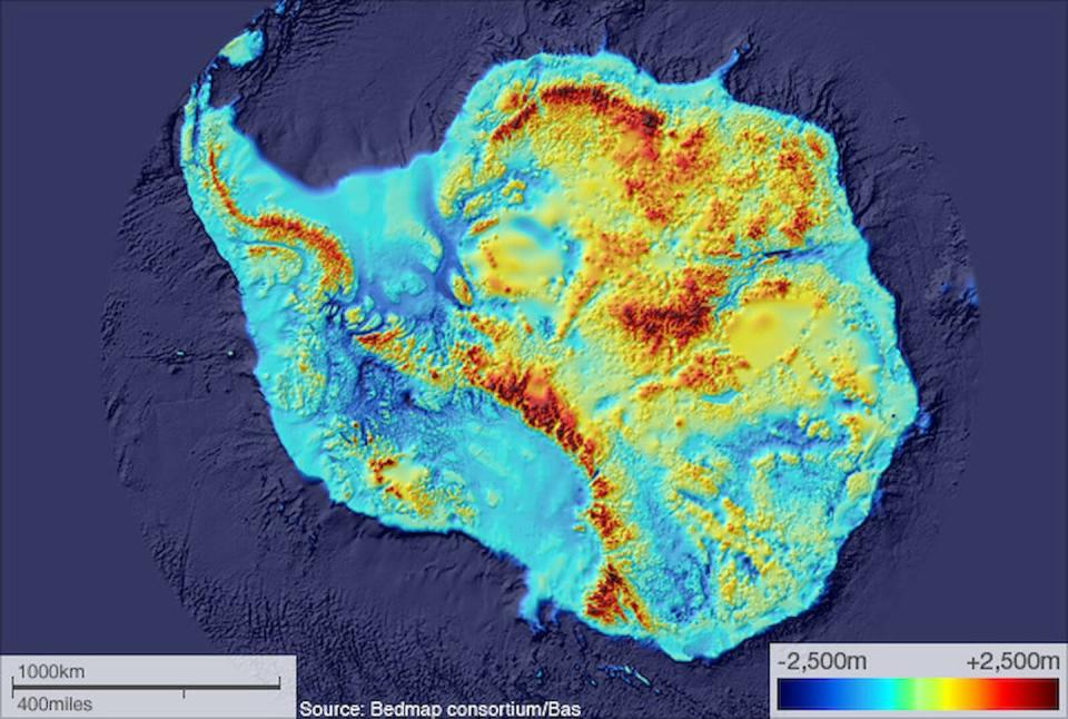 Below the ice, recent studies have mapped Antarctica’s bedrock and show much of the west side is below sea level. <a href="https://doi.org/10.5194/tc-7-375-2013" rel="nofollow noopener" target="_blank" data-ylk="slk:Bedmap2; Fretwell 2013;elm:context_link;itc:0;sec:content-canvas" class="link ">Bedmap2; Fretwell 2013</a>