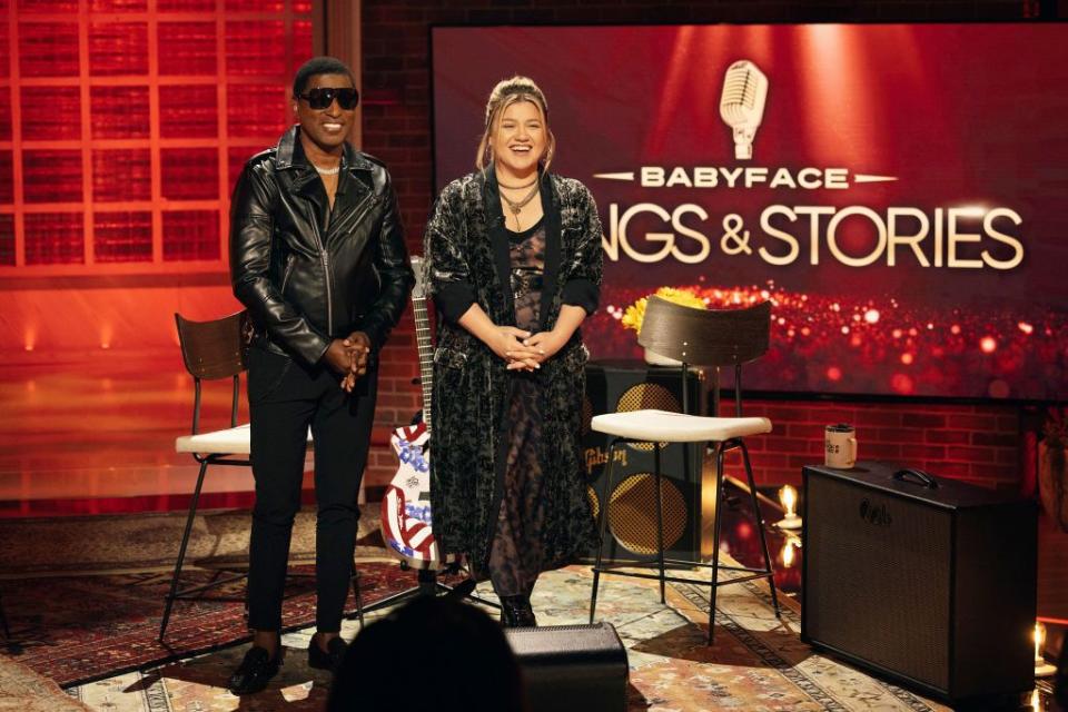 the kelly clarkson show episode j112 pictured l r kenneth babyface edmonds, kelly clarkson photo by weiss eubanksnbcuniversal via getty images