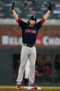 Boston Red Sox starting pitcher Garrett Richards reacts at second base after driving in a run with a double in the fourth inning of a baseball game against the Atlanta Braves Wednesday, June 16, 2021, in Atlanta. (AP Photo/John Bazemore)