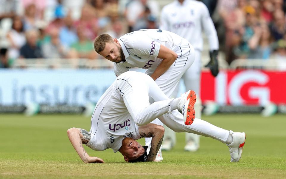 Ben Stokes drops Alzarri Joseph off the bowling of Gus Atkinson