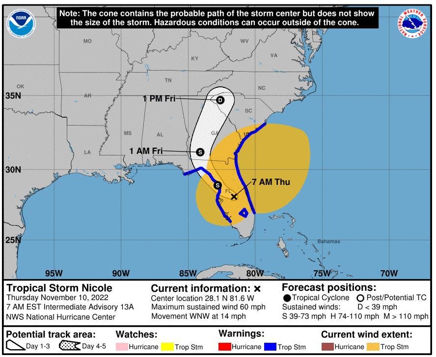 7 a.m. forecast map for Tropical Storm Nicole.