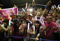 People celebrate after hearing that Tokyo had been chosen to host the 2020 Olympic Games during a public viewing event in Tokyo September 8, 2013. Tokyo was awarded the 2020 summer Olympic Games on Saturday following a vote by the International Olympic Committee. REUTERS/Toru Hanai (JAPAN - Tags: SPORT OLYMPICS)