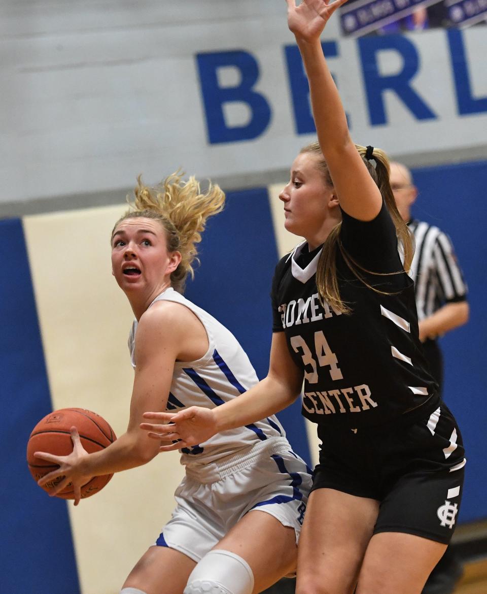 Berlin Brothersvalley's Grace Sechler drives to the basket against Homer-Center's Ashlyn Kerr (34) during a non-conference girls basketball contest, Jan. 23, in Berlin.