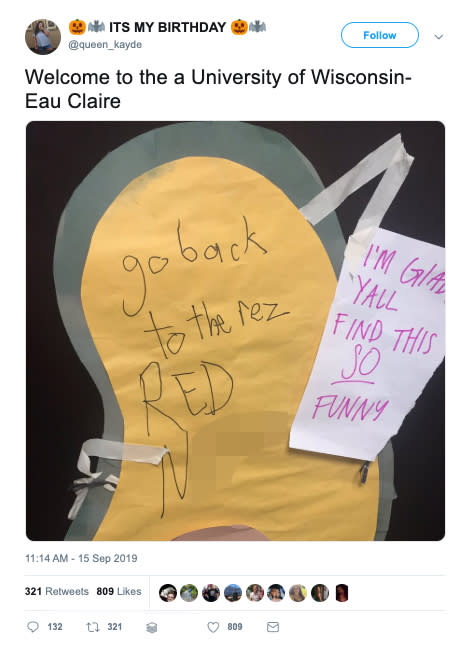 Kayde Langer, who identifies as a Red Lake Ojibwe, found a racist note left on her college dormitory door. (Credit: Wisconsin Public Radio/Twitter) 