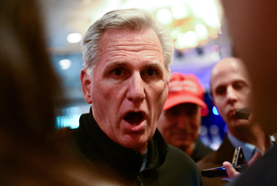 Former House Speaker Kevin McCarthy speaks to reporters at a caucus night watch party with Donald Trump in Las Vegas.