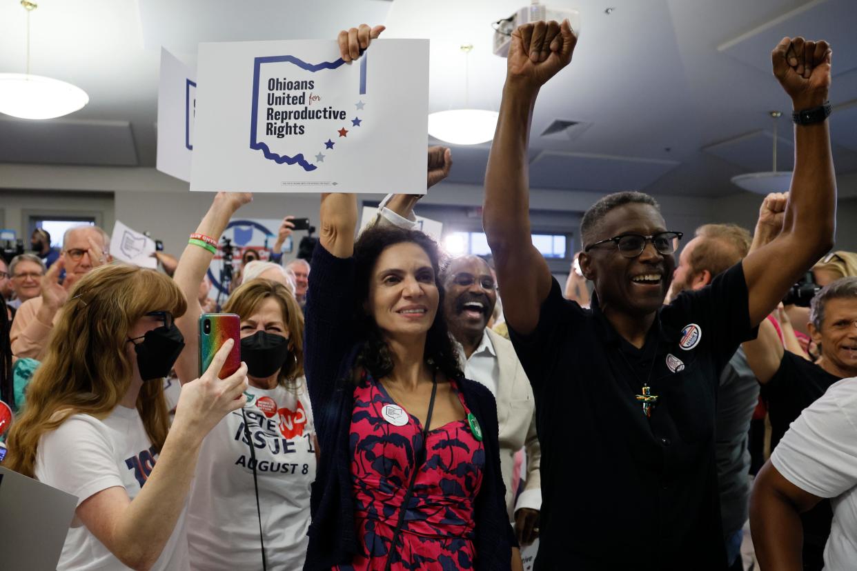 People celebrate the defeat of Issue 1 during a watch party Tuesday, Aug. 8, 2023, in Columbus, Ohio.