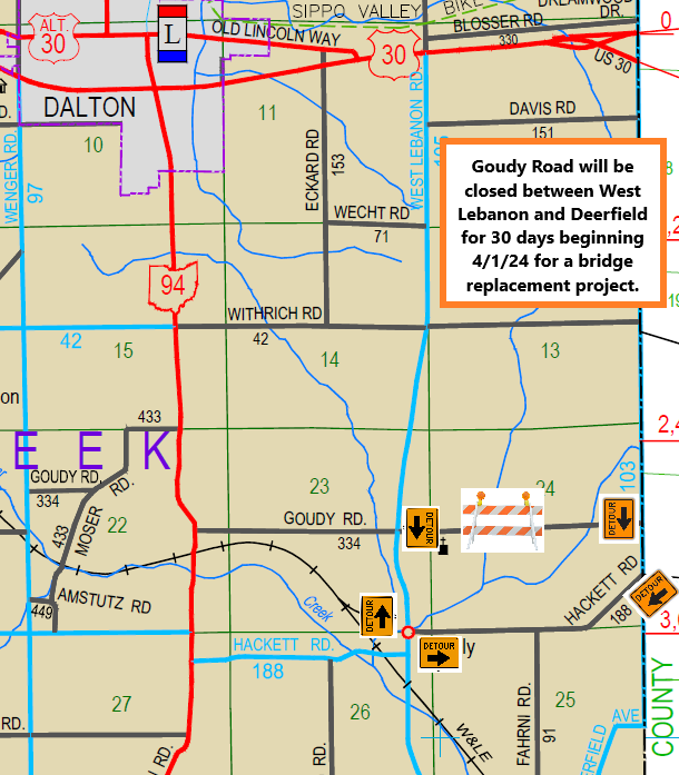 Goudy Road will be closed to through traffic between West Lebanon Road and Deerfield Road for 30 days, beginning Monday April 1 for a bridge replacement project.