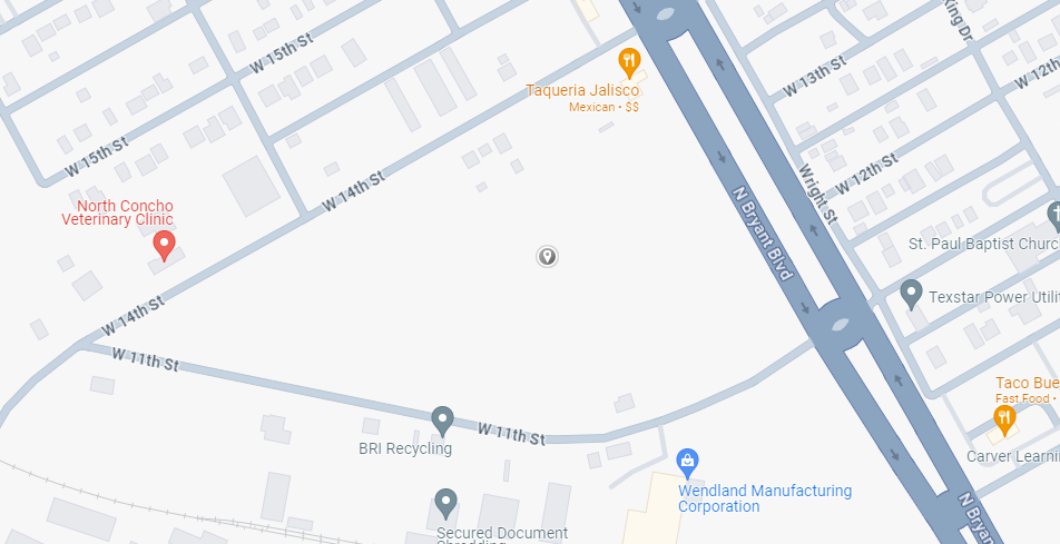 The approximate location of the homeless encampment is indicated by the small gray marker near the center of the image. Image courtesy of Google.