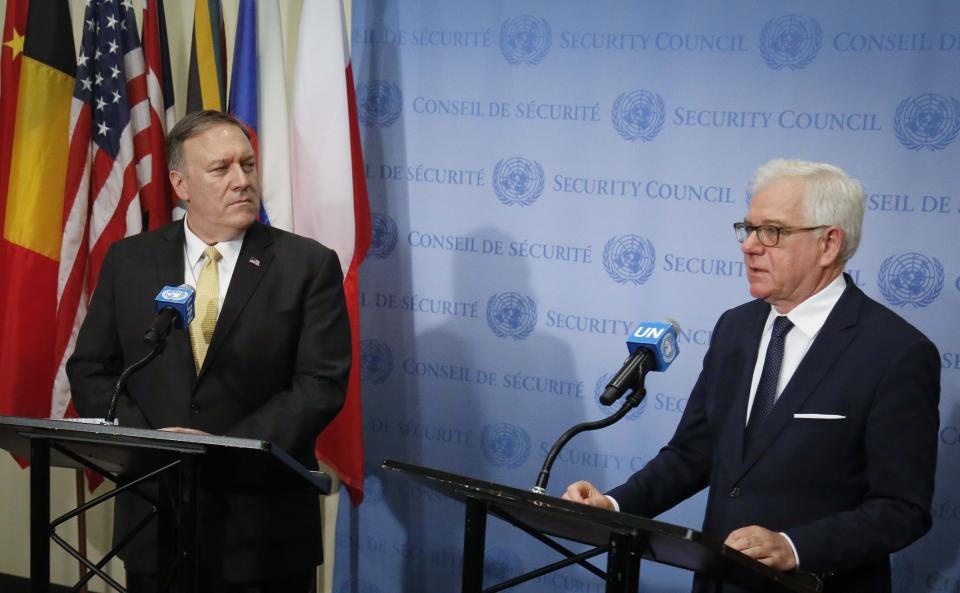 United States Secretary of State Michael Pompeo, left, and Foreign Minister of Poland Jacek Czaputowicz, right, hold a press visit during their visit to attend the United Nations Security Council on the Mideast, Tuesday Aug. 20, 2019 at U.N. headquarters. (AP Photo/Bebeto Matthews)