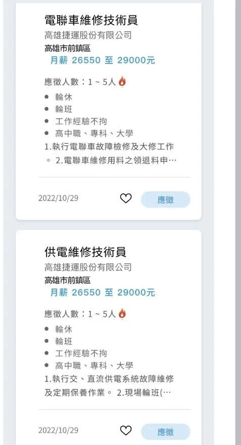 高捷現今開出的職缺，起薪幾乎都在2萬多元。翻攝1111人力銀行網站