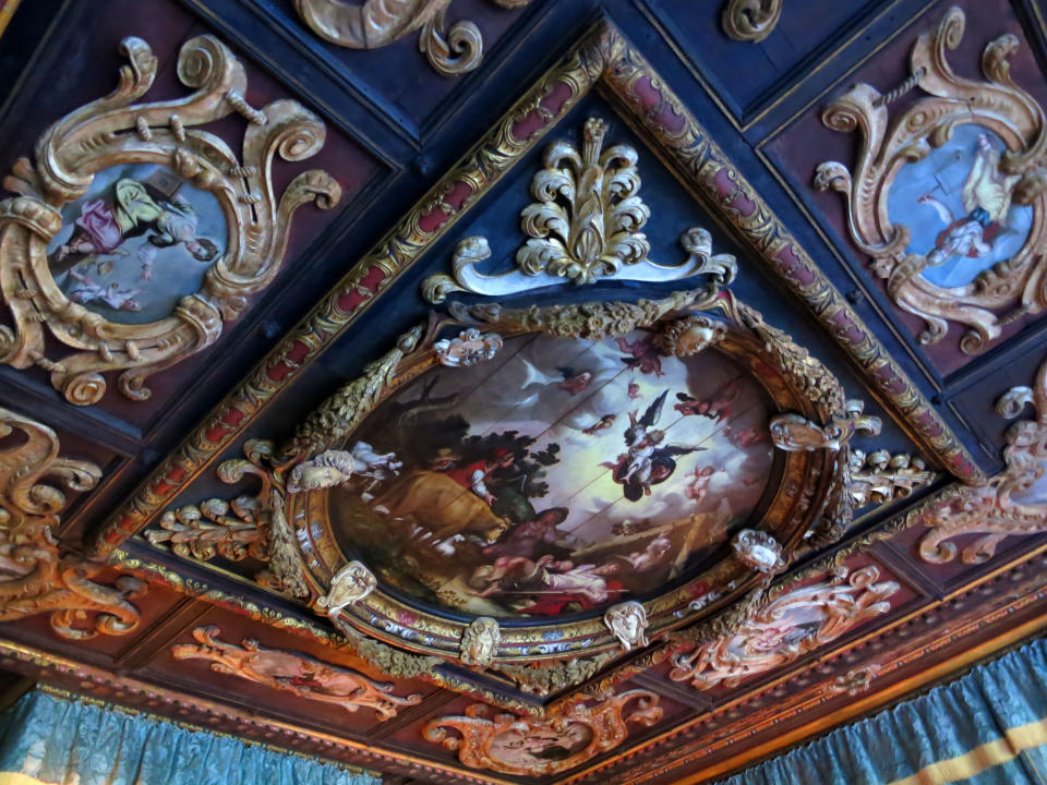 This Aug. 30, 2013 photo shows the intricate ceiling of the Doge's Suite, a guest room in the Hearst Castle inspired by the Doge's Palace in Venice, at newspaper publisher William Randolph Hearst's 165-room estate, which he called "La Cuesta Encantada" ("The Enchanted Hill") in San Simeon, Calif. (AP Photo/Jim MacMillan)