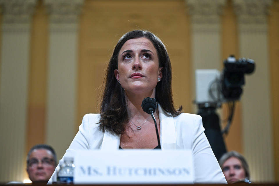 Cassidy Hutchinson, a top former aide to Trump White House Chief of Staff Mark Meadows, testifies during the sixth hearing by the House Select Committee to Investigate the Jan. 6th Attack on the U.S. Capitol in the Cannon House Office Building on June 28, 2022.<span class="copyright">Brandon Bell—Getty Images</span>