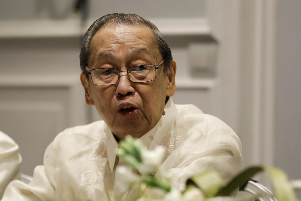 FILE - In this Jan. 19, 2017, file photo, Communist Party of the Philippines leader Jose Maria Sison delivers his speech during the formal opening of the Philippines peace talks in Rome. Communist guerrillas in the Philippines said Wednesday, March 25, 2020, they would observe a ceasefire in compliance with the U.N. chief's call for a global halt in armed clashes during the coronavirus pandemic. New People’s Army guerrillas have been ordered to stop assaults and shift to a defensive position from Thursday to April 15, the Communist Party of the Philippines said in a statement. (AP Photo/Andrew Medichini, File)