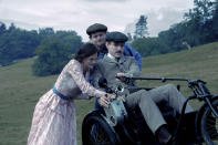 This image released by Netflix shows Emma Corrin, from left, Jack O'Connell and Matthew Duckett in a scene from "Lady Chatterley's Lover." (Seamus Ryan/Netflix via AP)