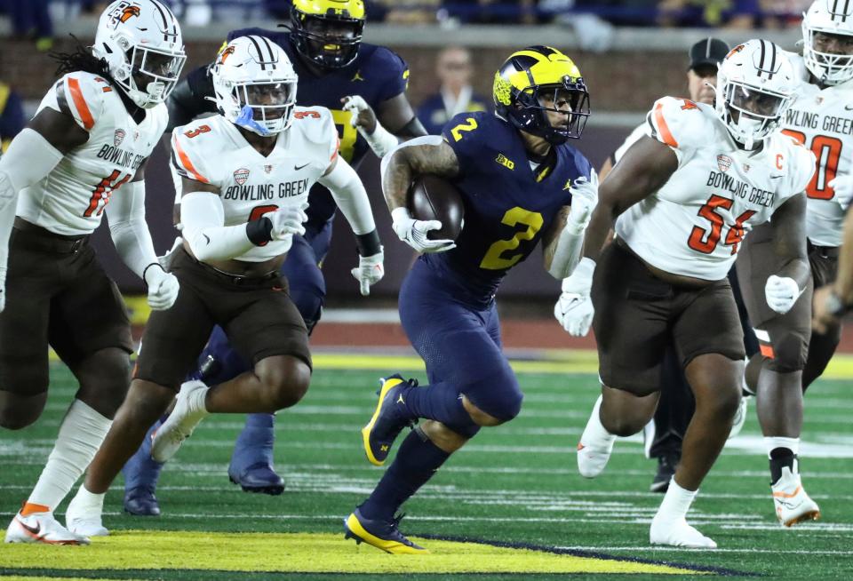 Michigan running back Blake Corum runs for a first down during the first half against Bowling Green on Saturday, Sept. 16 2023, in Ann Arbor.