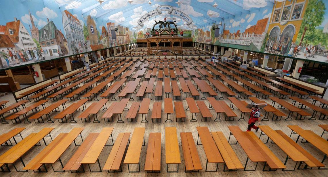 The Hacker-Pschorr beer tent in Munich, Germany, before Oktoberfest celebrations began in 2012.