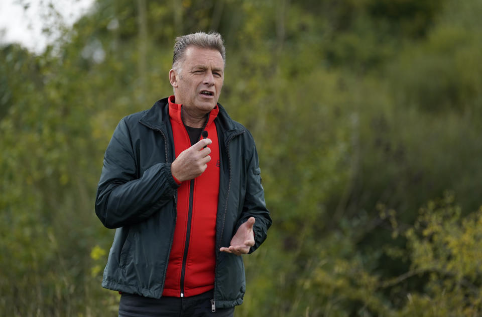 Conservationist Chris Packham gives a speech to wildlife supporters during a conversation about nature at Bassetts Mead country park, near Hook in Hampshire, the constituency of Environment Secretary Ranil Jayawardena. Picture date: Friday October 7, 2022. (Photo by Andrew Matthews/PA Images via Getty Images)