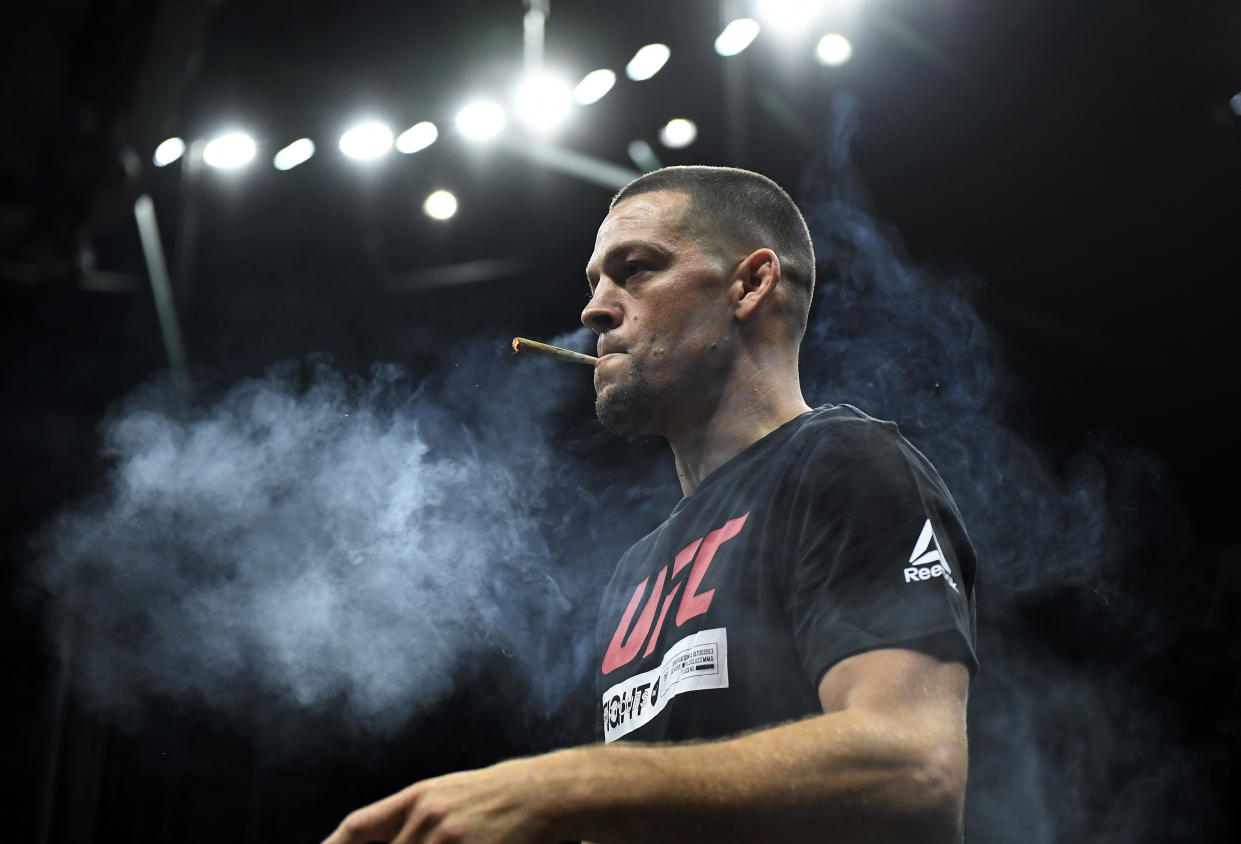 Former UFC lightweight title challenger Nate Diaz smokes during an open workout for fans and media at Honda Center on August 14, 2019 in Anaheim, California. (Photo by Kevork Djansezian/Zuffa LLC/Zuffa LLC)