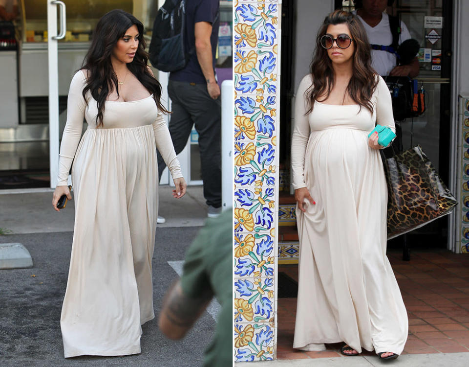 **EXCLUSIVE** LOOK FAMILIAR?? Kim Kardashian's revealing maxi dress worn on Wednesday was originally worn by sister Kourtney back when she was pregnant in June 2012, pictured here