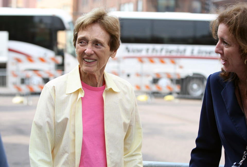 FILE - In this Sept. 12, 2009 file photo, Joan Mondale, wife of former Vice President and former Minnesota Sen. Walter Mondale, arrives at the Target Center in Minneapolis for President Barack Obama's health care address. Mondale, who burnished a reputation as "Joan of Art" for her passionate advocacy for the arts while her husband was vice president and a U.S. ambassador, died Monday, Feb. 3, 2014. She was 83. (AP Photo/David Sherman, File)