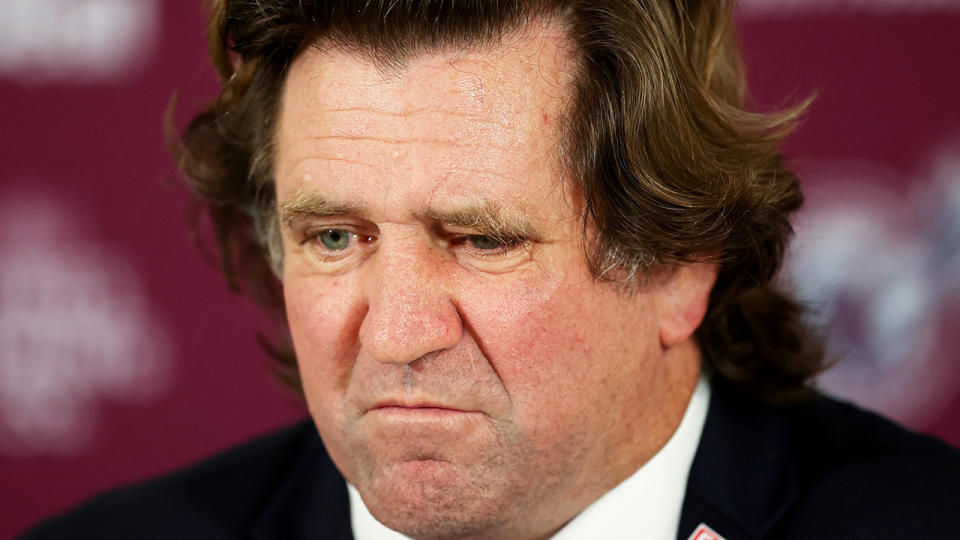 Manly coach Des Hasler is pictured during an NRL press conference.