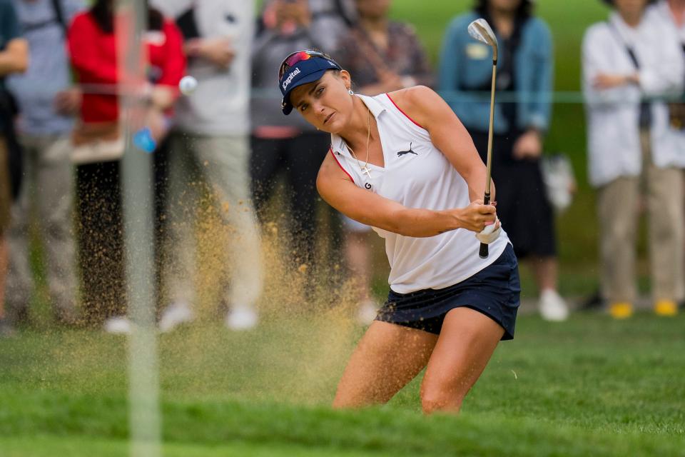 Lexi Thompson, hitting out of a bunker during the second round of the CPKC Women's Open in Vancouver in August, is ready to battle the PGA Tour pros this weekend.