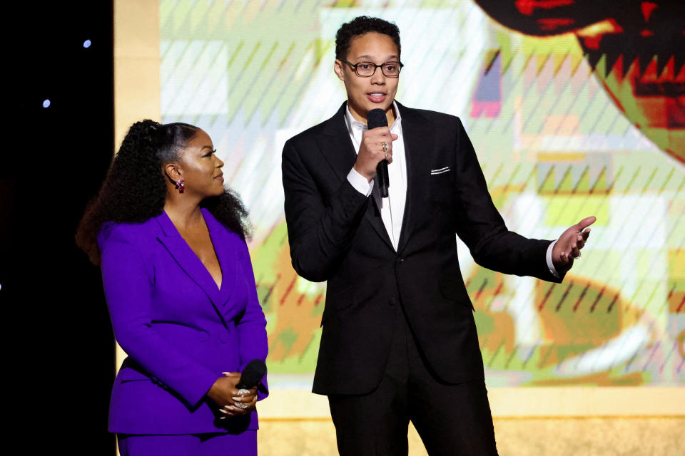 WNBA player Brittney Griner (right) was detained in Russia for 10 months. (REUTERS/Mario Anzuoni