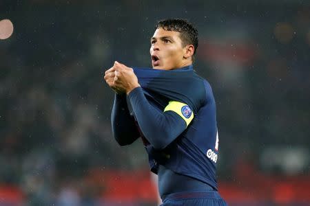 Football Soccer - Paris St Germain v FC Lorient - French Ligue 1 - Parc des Princes stadium, Paris, France - 21/12/2016. Paris St Germain's Thiago Silva celebrates scoring their third goal. REUTERS/Benoit Tessier