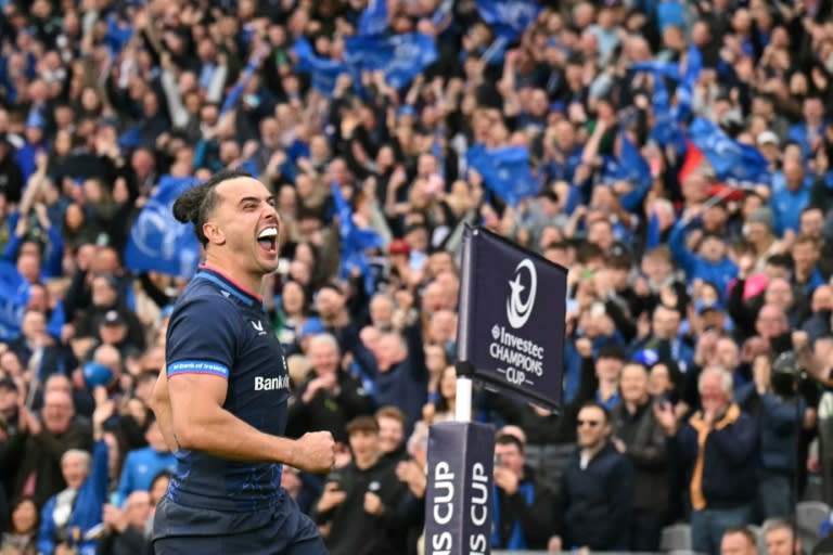 Hat-trick: Leinster wing James Lowe celebrates after scoring his third try in a European Champions Cup semi-final win over Northampton at Croke Park (Oli SCARFF)