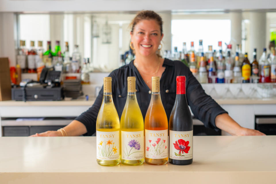 Shelley Lindgren with her line-up of Tansy Wines at Malliouhana.<p>Courtesy of Malliouhana</p>