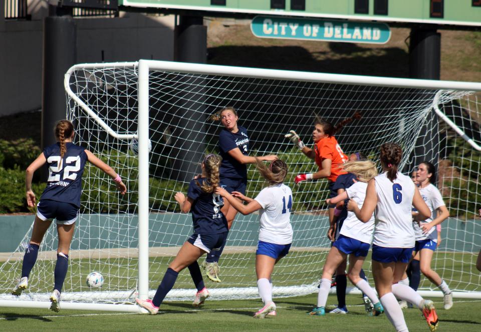 A corner kick by Lakeland Christian midfielder Lily Harrington (not pictured) curves inside the left-hand post for the opening goal against St. Johns Country Day during the FHSAA high school girls soccer Class 2A final on February 22, 2023. [Clayton Freeman/Florida Times-Union]
