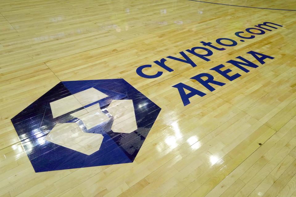 Jan 3, 2022; Los Angeles, California, USA; A general overall view of the Crypto.com Arena logo on the court during the game between the LA Clippers and the Minnesota Timberwolves. Mandatory Credit: Kirby Lee-USA TODAY Sports