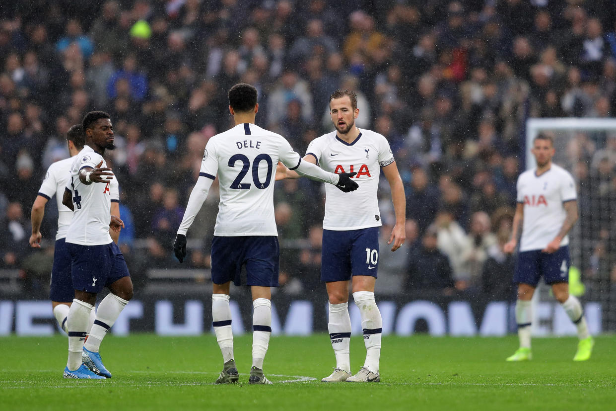 Harry Kane (No. 10) started Tottenham Hotspur's comeback against Brighton and Hove Albion, and Dele Alli capped it off. (Richard Heathcote/Getty)