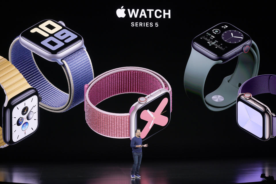 Stan Ng, Vice President Product Marketing, talks about the new Apple Watch during an event to announce new products Tuesday, Sept. 10, 2019, in Cupertino, Calif. (AP Photo/Tony Avelar)