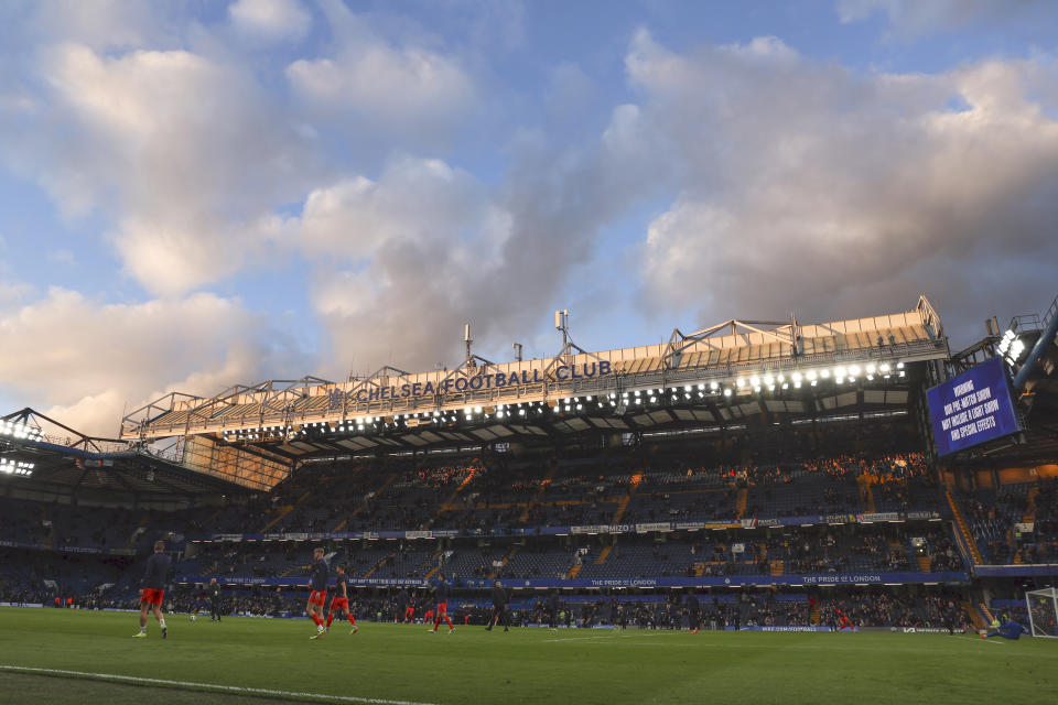 The stadium ahead of the English Premier League soccer match between Chelsea and Everton at Stamford Bridge stadium in London, Monday, April 15, 2024. (AP Photo/Ian Walton)