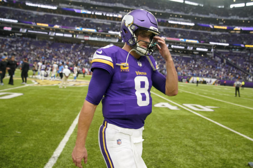 Minnesota Vikings quarterback Kirk Cousins (8) walks off the field after an NFL football game against the Los Angeles Chargers, Sunday, Sept. 24, 2023, in Minneapolis. The Chargers won 28-24. (AP Photo/Abbie Parr)