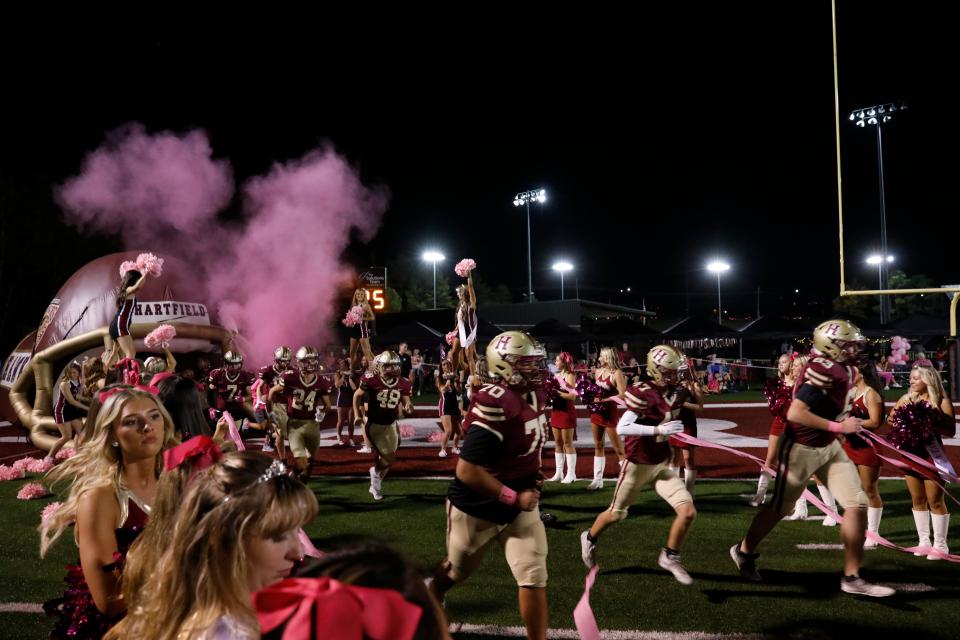 Hartfield Academy takes the field for the Hawks games against the Jackson Academy Raiders at Hartfield on Friday, Oct. 27, 2023, in Flowood, Miss.