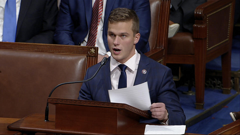 FILE - In this image taken from video, Rep. Madison Cawthorn, R-N.C., speaks at the U.S. Capitol, Jan. 7, 2021. A series of unforced political and personal errors by Cawthorn has brought the forces of big-name Republicans and traditional enemies to bear on his reelection bid in North Carolina. (House Television via AP, File)