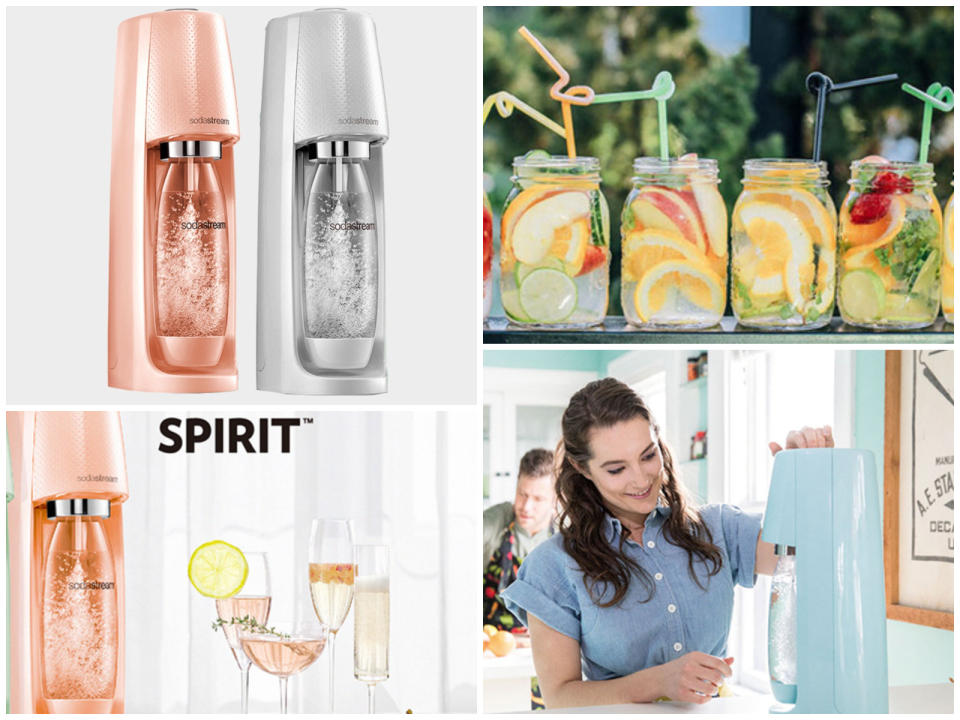 ▲SodaStream Spirit新色自動扣瓶氣泡水機(珊瑚橘/銀河灰)，原價4,800元，福利品特惠價46折1,999元。（圖／恆隆行）