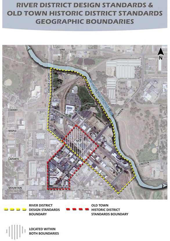 This map shows the Fort Collins Historic Preservation Department's River District and Old Town Historic District design standards boundaries.