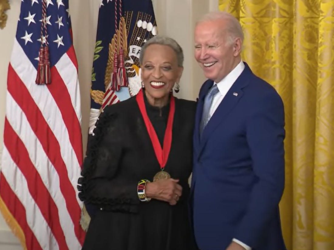 Jacksonville native Johnnetta Betsch Cole gets a round of applause after President Joe Biden presented her a National Humanities Medal at the White House in Washington.