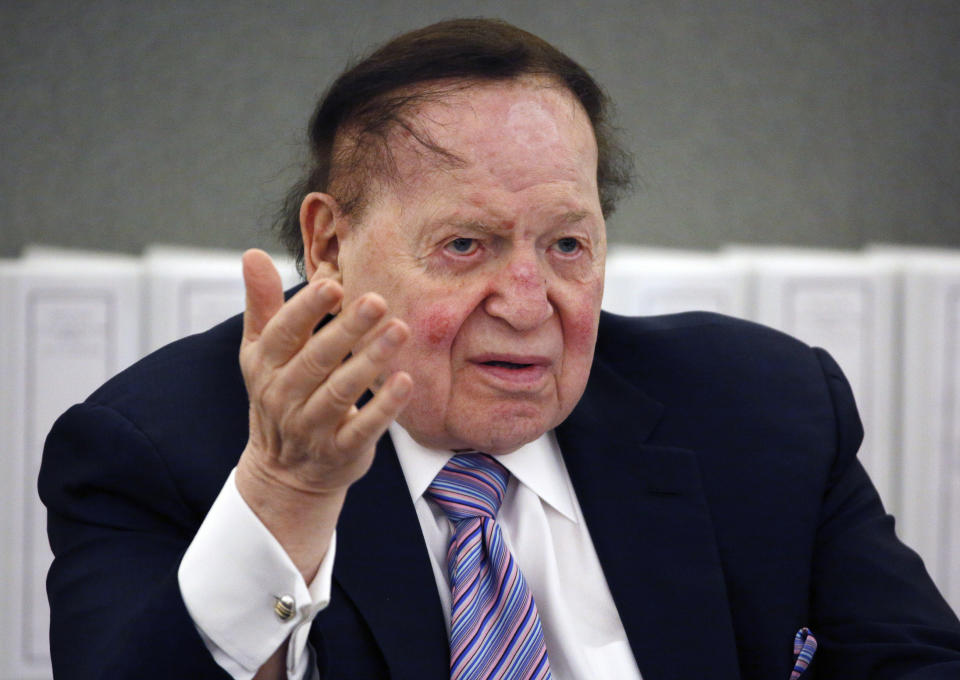 FILE - In this May 4, 2015, file photo, Las Vegas Sands Corp. Chairman and CEO Sheldon Adelson speaks in Las Vegas. Jurors considering how much a Hong Kong businessman should receive from Las Vegas Sands Corp. for help opening its first casino in Macau 15 years ago are seeing videotaped testimony from ailing billionaire Adelson. Attorneys for Sands argue that Richard Suen should get a fraction of the $347 million he's seeking in a long-fought breach-of-contract lawsuit. (AP Photo/John Locher, File)