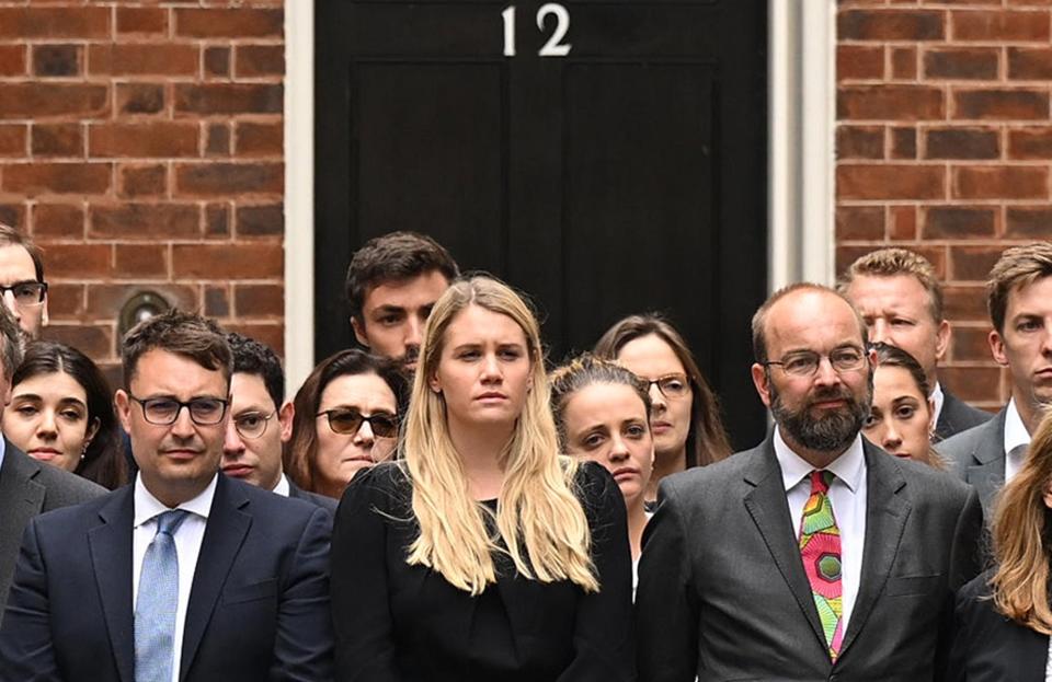 Charlotte Owen was special advisor to Boris Johnson and seen at the front of his supporting staff as he made his resignation speech in July last year. (Getty) 