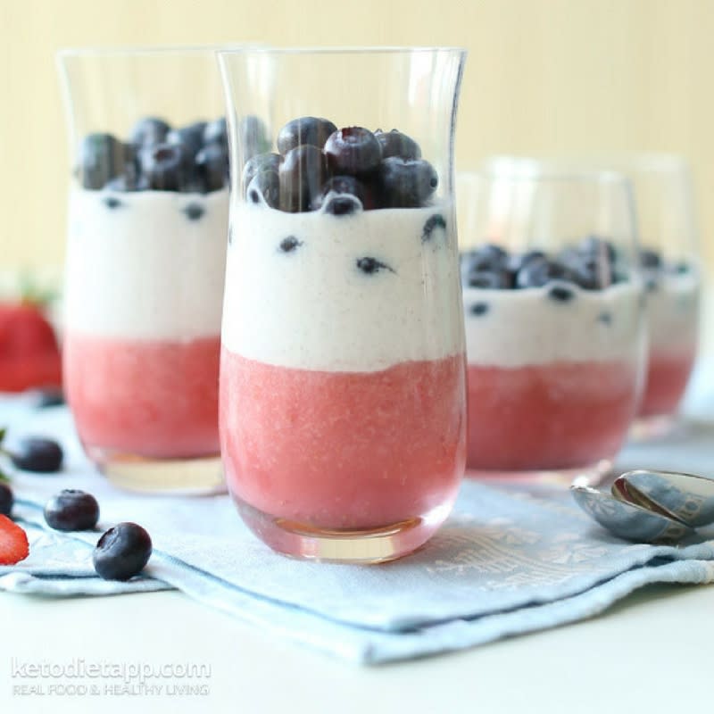 <p>Keto Diet</p><p>Red, white and blue parfaits are the perfect quick-prep dish for Fourth of July celebrations. It layers strawberry, vanilla coconut cream and fresh blueberries.</p><p><strong>Get the recipe: <a href="https://ketodietapp.com/Blog/lchf/low-carb-red-white-and-blue-berry-parfaits" rel="nofollow noopener" target="_blank" data-ylk="slk:Dairy-Free Sugar-Free Patriotic Parfaits;elm:context_link;itc:0;sec:content-canvas" class="link ">Dairy-Free Sugar-Free Patriotic Parfaits</a></strong></p>